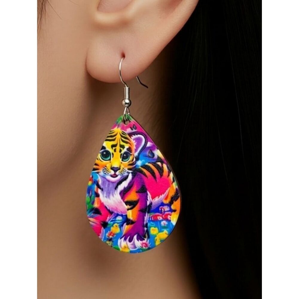 Lisa Frank Tiger Earrings Retro Colorful Wooden Teardrop Dangle Jewelry Y2K 90s